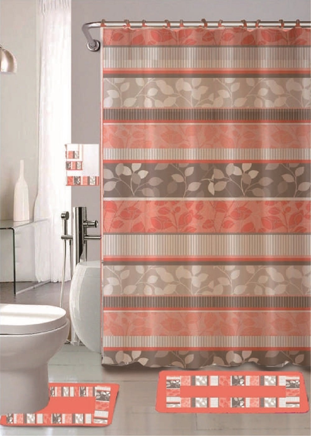Zen Peach 18-Piece Bathroom Set: 2-Rugs/Mats, 1-Fabric Shower Curtain, 12-Fabric Covered Rings, 3-pc. Decorative Towel Set\u0026nbsp;
